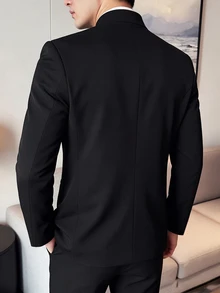 Manfinity Mode 男士商務休閒黑色正式立領單排扣西裝外套與長褲套裝，完美假期禮物 - 黑色 - 查看 2