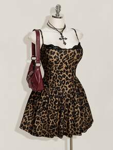 SHEIN ICON Women's Plus Size Leopard Print Contrast Lace Cami Dress - Brown - View 4