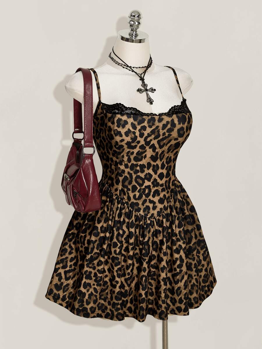 SHEIN ICON Women's Plus Size Leopard Print Contrast Lace Cami Dress - Brown - View 1