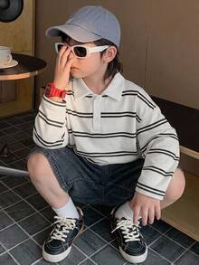 Hapijoa 小男孩條紋休閒日常長袖T恤 - 黑與白 - 查看 8