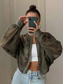 DAZY 女款圓領長袖半透蕾絲面料優雅前開襟襯衫 - 軍綠色 - 查看 6