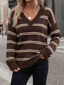 SHEIN LUNE Women's Casual V-Neck Striped Brown Colorblock Knit Sweater, Suitable For Autumn/Winter - Multicolor - View 6