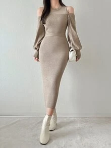 FRIFUL Women's Cold Shoulder Casual Daily Wear Knit Dress - Apricot - View 2