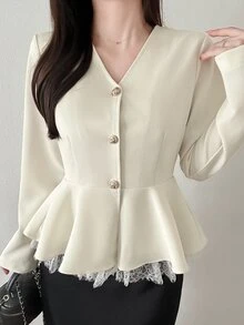 FRIFUL Women's V-Neck Casual Versatile Daily Outing Long Sleeve Jacket - White - View 1
