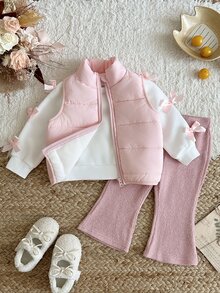 SHEIN Vintaside Kids 3件組幼女背心上衣與長褲套裝，可愛甜美粉色白色蝴蝶結羅紋加厚長袖圓領，冬季秋季保暖舒適公主風毛絨度假派對裝 - 粉色 - 查看 3