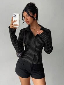 Aloruh 女款優雅通勤辦公室海軍藍白條紋長袖收腰百褶襯衫，女款辦公室襯衫，女款辦公室穿搭 - 黑與白 - 查看 8
