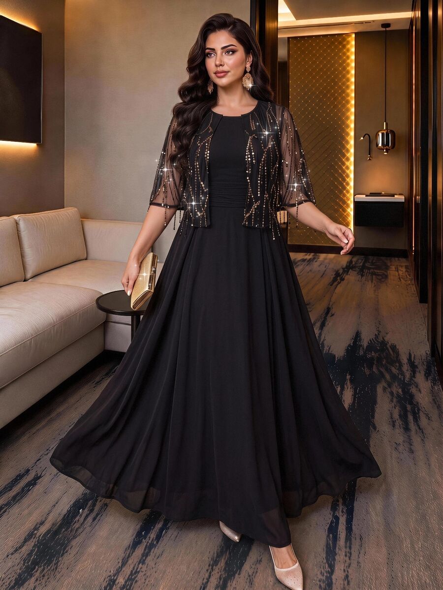 Auveirra Plus Size Women's 2pcs Set With Mesh Sequin Fringe Design Top And Pleated Design Skirt Formal Evening Party Black And Gold Black Social Set Christmas - Black - View 1