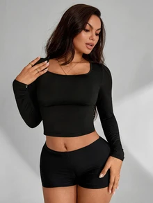 Slayform Slayform Women's Minimalist Lace Patchwork Long Sleeve Sports T-Shirt - Black - View 4