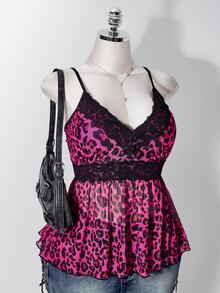 SHEIN ICON Women's Plus Size Y2K Millennium Style Contrast Lace Leopard Print Camisole Tank Top - Hot Pink - View 7