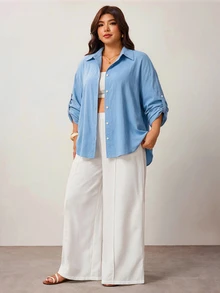 Enliva Plus-Size Women's Three-Quarter Sleeve Button-Down Shirt, Suitable For Commuting Apple,Rounded Body - Blue - View 7