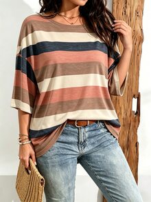 Breezaya Plus Size Women Casual Vintage Stripe Print Drop Shoulder T-Shirt - Multicolor - View 3