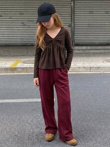 Hapijoa (Gadis Muda) Kaos Kasual Berkerah V, Pas Badan, Model Lapisan Dasar - Mocha Brown - View 5