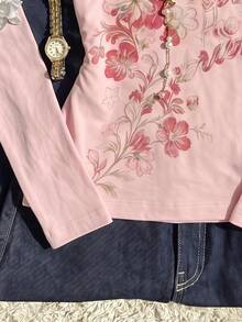 SHEIN EZwear 女款甜美花卉印花收腰長袖T恤 - 白色 - 查看 5