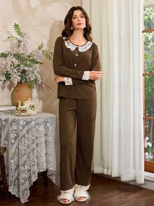 Côtesoire French Elegant Contrast Color Peter Collar Ribbed Knit Long Sleeve Women's Pajama Set - Coffee Brown - View 3
