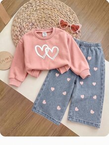 Girls' Pink Heart Pattern Sweatshirt And Denim Jeans Casual Set - Pink - View 6