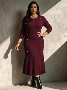 SHEIN LUNE CURVE Plus Size Women Solid Color Long Sleeve Round Neck Metal Button Decor Knit Dress Winter - Burgundy - View 5