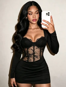BamGleam 2026 Autumn/Winter Early Autumn Long Sleeve Sheer Lace Underwire Boning Cup Knit Party Date Women's Short Dress - Black - View 4