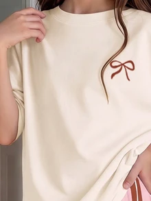 兒童青少年女孩休閒簡約圓領短袖長褲家居服，適合夏季 - 彩色 - 查看 4