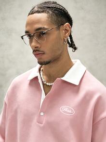 PAVTROS Men's Letter Print Long Sleeve Polo Collar Casual Loose Sweatshirt - Pink - View 3