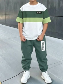 Tween Boy Striped Colorblock Short Sleeve T-Shirt And Letter Print Long Pants Set - Multicolor - View 2