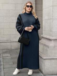 Linhara CURVE Plus Size Women Solid Color Knitted Dress, Striped Cuff High Neck Sweater Dress, Suitable For Christmas, Halloween, Back To School, Office, Vacation - Royal Blue - View 4
