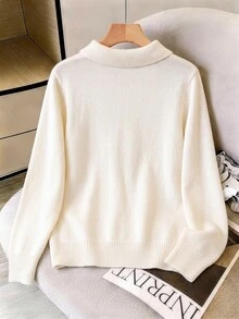 GlowEve CURVE Plus Size Women's Cream White Polo Collar Knit Sweater, Loose Soft Long Sleeve Base Layer, Half-Button Front With Pearl Floral Buttons, Commuter Slimming Flattering Solid Color Knit Top - White - View 2