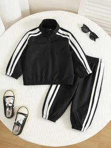 SHEIN 2件組嬰兒男童女童休閒學院風秋冬拼接織帶百搭舒適圓領長袖套頭上衣＋鬆緊腰長褲 - 黑色 - 查看 10