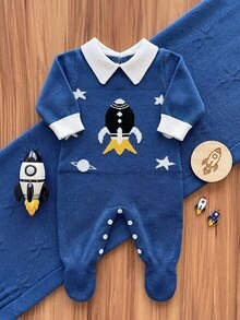 SHEIN Newborn Baby Cartoon Pattern Casual Daily Long Sleeve Jumpsuit - Blue - View 3