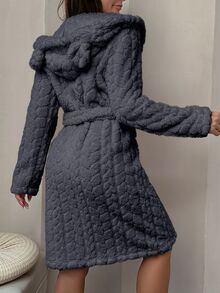 SHEIN Plush Jacquard Animal Ear Design Belted Hooded Open Front Robe - Grey - View 2