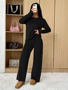 SHEIN PETITE 女款純色圓領長袖毛衣與長褲休閒正裝套裝，秋冬款 - 黑色 - 查看 13