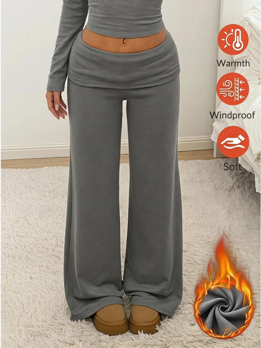 SHEIN EZwear Women's Solid Color Low Waist Fashion Slim Fit Wide Leg Straight Long Pants - Light Grey - View 1