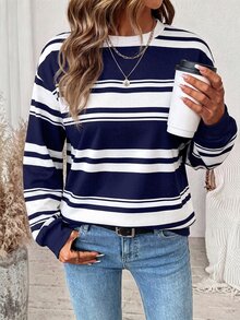 SHEIN LUNE 女款拼色休閒百搭日常長袖運動衫 - 白色 - 查看 7