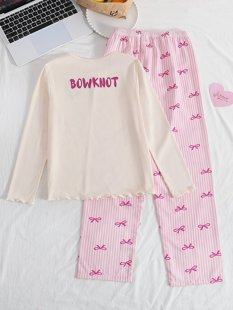 Big Girls Bow Print White Long Sleeve Autumn/Winter Top And Matching Pants Contrast Trim Loungewear Set, Round Neck Striped, 2 Pieces Set, Soft - Pink - View 2