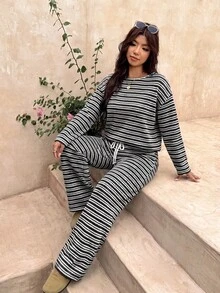 SHEIN Frenchy 大尺碼女款條紋長袖上衣與長褲休閒日常兩件套，適合秋季/冬季休閒日常外出與居家穿著 - 彩色 - 查看 4