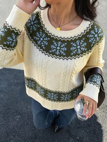 Lacomfia Plus Size Women's Round Neck Cable Knit Casual Fashion Loose Pullover Sweater - Beige - View 3