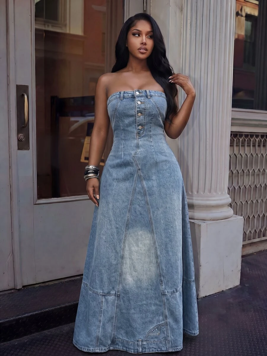 Slaydiva Women's Fashion Casual Long Denim Tube Dress - Blue - View 1
