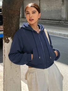 DAZY Sweatshirt Berkerudung Kasual Warna Polos untuk Wanita, Cocok untuk Pemakaian Sehari-hari - Navy Blue - View 7