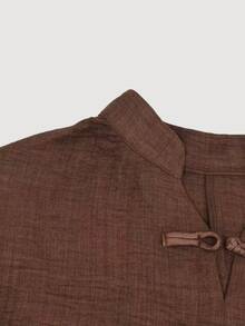 Linhara CURVE Plus Size Women's New Chinese Style Textured Fabric Top, Stand Collar, Frog Button, Lantern Sleeve, Loose Fit National Style Pullover - Brown - View 5