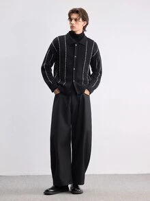 RONVEXI Men's Contrast Color Casual Versatile Daily Wear Cardigan - Black - View 5