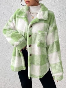 INAWLY Chaqueta de manga larga con botones delanteros y bolsillos con estampado de cuadros, talla grande, ropa de otoño/invierno para mujeres - Verde - Ver 7