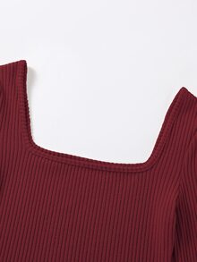 SHEIN LUNE Autumn‑Winter Women Solid Ribbed Square Neck Long‑Sleeve Bodysuit, Slim‑Fit Stretchy Knit Warm Versatile Layering Base Top - Burgundy - View 3