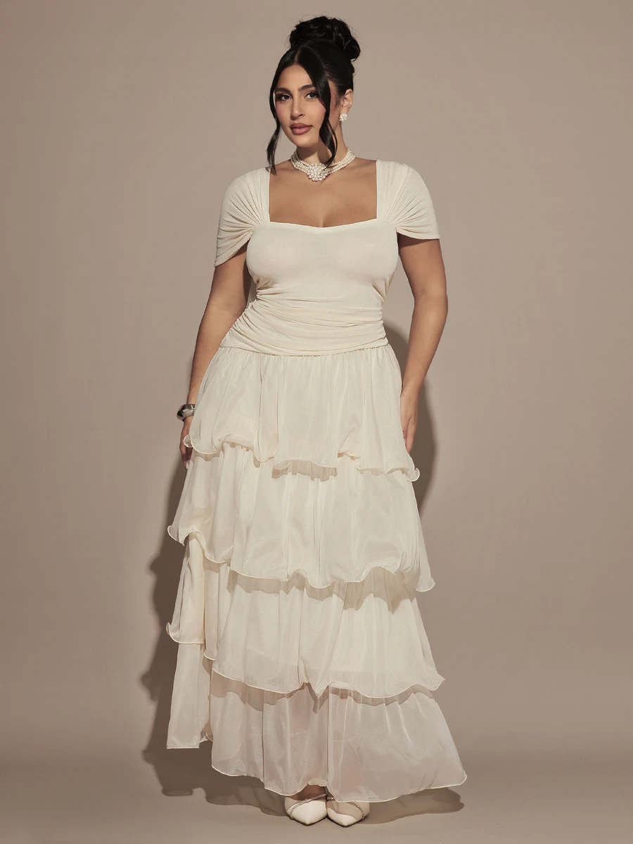 Gossip Girl X SHEIN SHEIN BAE CURVE Plus Size Women's Ruffle Pleated Fashion Party Long Dress - Apricot - View 1