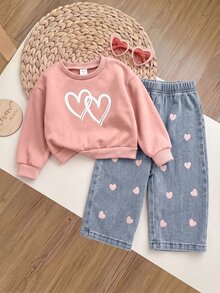 Girls' Pink Heart Pattern Sweatshirt And Denim Jeans Casual Set - Pink - View 7