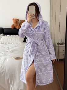 Napfluff Women's Knitted Flannel Bow Heart Print Casual Sweet Fashion Comfortable Hooded Robe With Waist Tie And Pockets - Purple - View 6