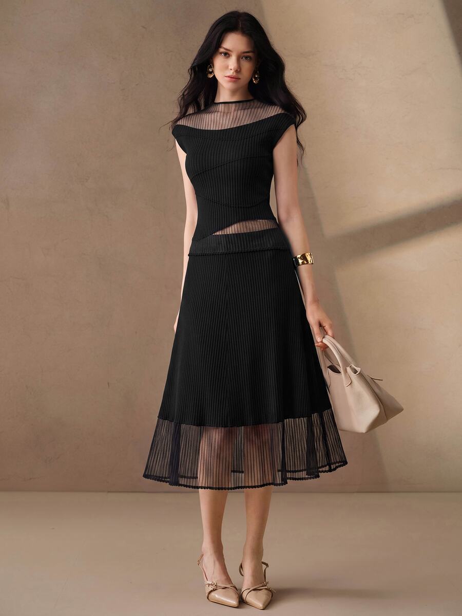 Anewsta ملابس علوية نسائية من الشبك الرقيق مع تصميم مرقع ومحبوكة مضلعة - الأسود - مشاهدة 1