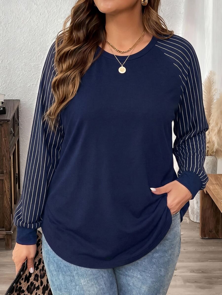 Comfylo Autumn/Winter New Teacher's Day Thanksgiving Blue Striped Print Plus Size Women's Casual Raglan Sleeve Crew Neck Loose T-Shirt Suitable For Spring/Autumn - Navy Blue - View 1