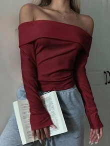 SHEIN EZwear 女款粉色針織露肩修身T恤 - 酒紅色 - 查看 4