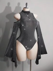 SHEIN ICON Plus Size Stand Collar Exaggerated Flare Sleeve Sheer Shiny Bodysuit, Music Festival Outfit, Party Winter - Silver - View 7
