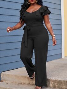 Slaydiva Plus Size Off Shoulder Ruffle Jumpsuit, High Waist Wide Leg Long Pants With Belt, Curvy Formal Party Outfit - Black - View 4