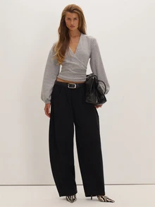 MUSEYN Grey Soft V Neck Wrap Detail Fitted Top Versatile Everyday Casual Chic New Season Fall - Grey - View 2